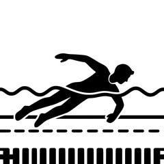 Fototapeta premium Man Swimming in Pool Dynamic Pose Black and White Vector Silhouette Icon