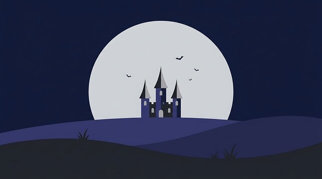 Gothic castle silhouette under a giant full moon in a dark night sky landscape.