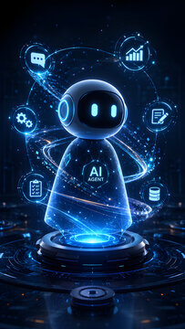 Futuristic AI agent robot character surrounded by holographic business technology icons on digital platform