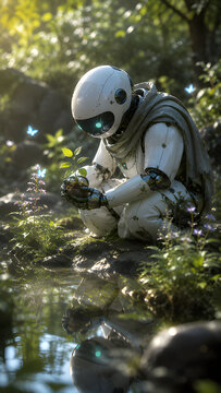 Weathered humanoid robot gently holding a small growing plant seedling by a forest stream in soft sunlight