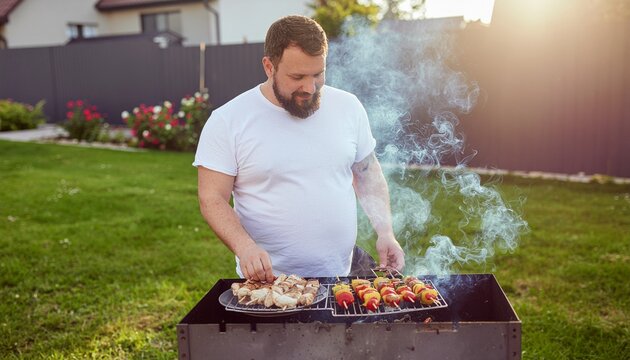 Endomorph man cooking meat on a backyard barbecue grill during a sunny summer picnic