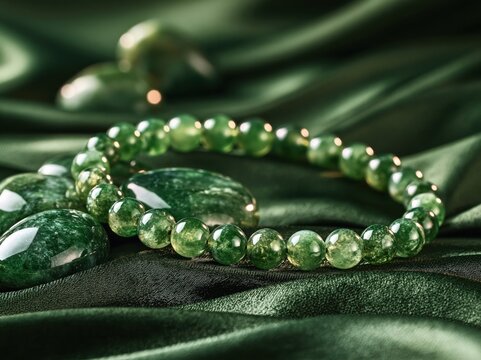 Elegant green jade beaded bracelet and polished stones on silk fabric
