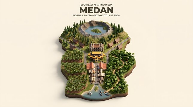 Isometric 3D Miniature Diorama Map Illustration of Medan North Sumatra Indonesia Ai Generated