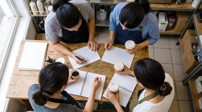 Employees reviewing schedules around a back-office table
