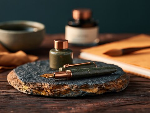 Elegant fountain pen and ink bottle set on a natural stone surface