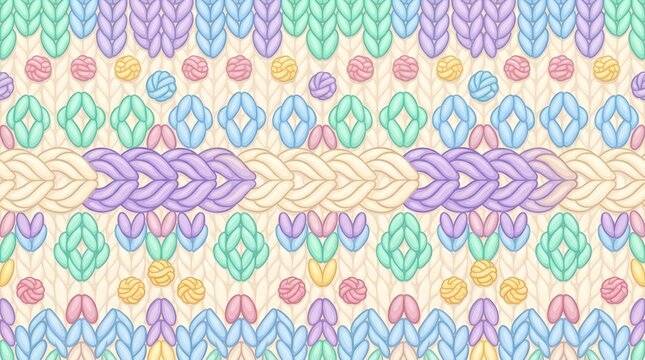 Colorful seamless pattern with hand-drawn knitted texture and geometric shapes.