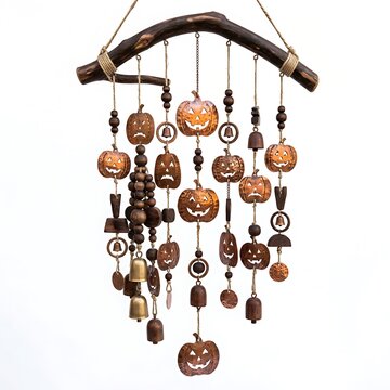 Rustic halloween wind chime with metal pumpkins isolated on white background