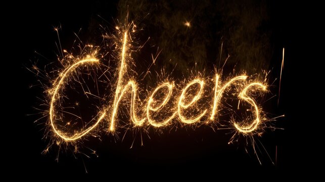 Cheers word written with golden sparkler light trails on a dark black background