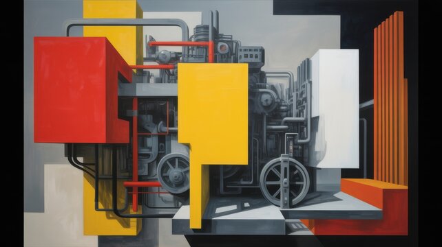 Abstract industrial machine painting with bold geometric blocks and mechanical parts.