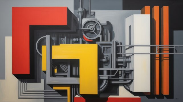 Abstract industrial art with geometric shapes and pipes
