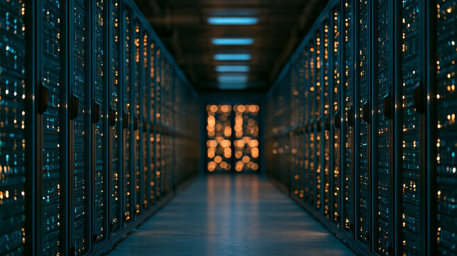 Symmetrical view of a futuristic data center server room with glowing lights