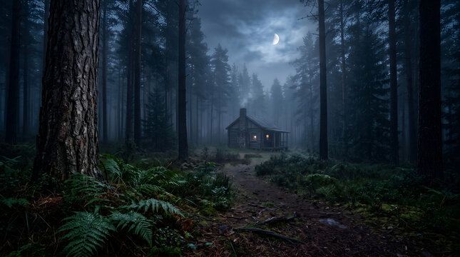 Friday The 13th Eerie Cabin in Dark Foggy Forest at Night