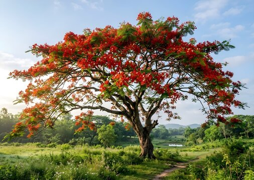 Beautiful Royal Poinciana Tree with Vibrant Red Flowers in Full Bloom