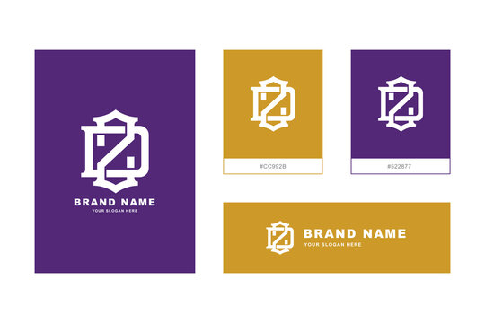 Interlocking monogram letter DZ logo design set featuring purple and gold brand identity system.
