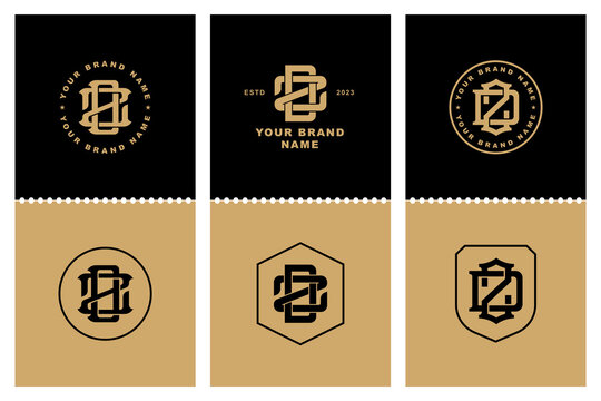 Elegant collection of luxury letter DZ monogram emblems in gold and black vintage frames.