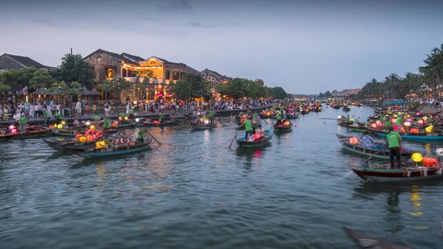 timelapse of the Thu Bon River night scene in Hoi An Ancient Town, Vietnam