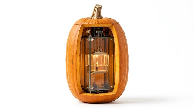 Pumpkin carved with an internal mechanical elevator isolated on white background