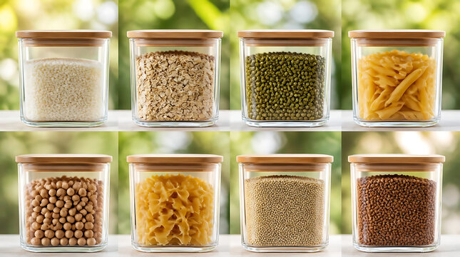 A collection of glass jars with wooden lids filled with various dry grains, legumes, and pasta.