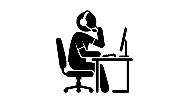 An agent wearing a headset while typing at a computer workstation, representing customer service, technical assistance, telemarketing, and remote office communication