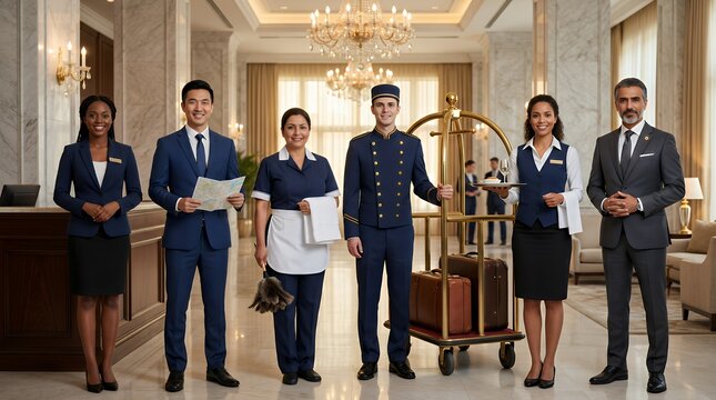 Professional Hotel Staff Team Representing Different Hospitality Departments