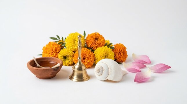 Traditional hindu prayer items including marigold flowers a brass bell a small wooden bowl and a white conch shell