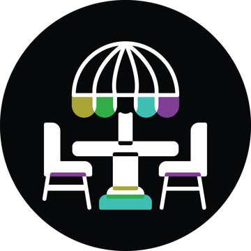 Outdoor cafe table with chairs and umbrella circular badge vector illustration