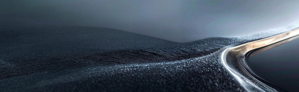 Abstract macro dark fluid waves. Metallic edge lighting structure. Concept quantum data telecommunications network physics technology background layout design space.