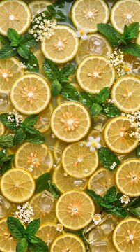 Refreshing overhead macro background of Citrus bergamia bergamot slices submerged in juice with mint leaves, ice cubes, and white flowers. Citrus drink