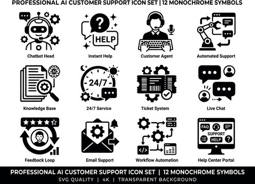 AI Customer Support Icons Set - Chatbot, Help Center and Automated Service Glyph Icon Collection