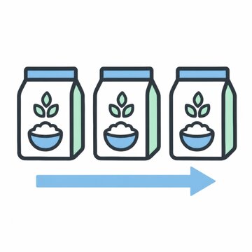 Three identical rice packages lined up with an arrow showing order of use, first in first out food rotation concept