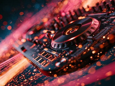 Close-up of a DJ controller with vibrant neon lights and bokeh effects