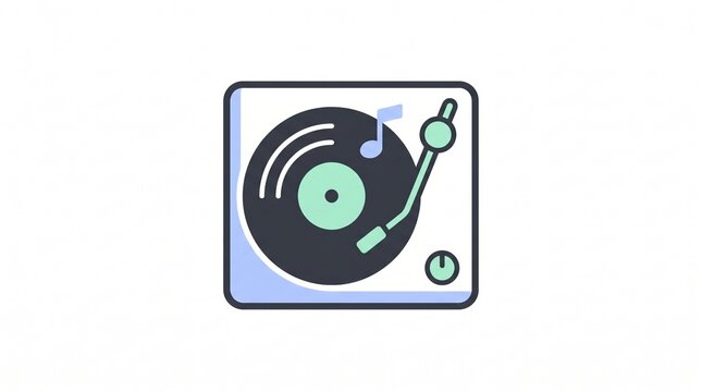Record player with a vinyl disc tonearm and music note in a square frame, analog music listening concept