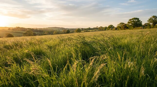 A serene and lush field of vibrant annual ryegrass gently swaying in the golden light during a tranquil countryside sunset in summer.