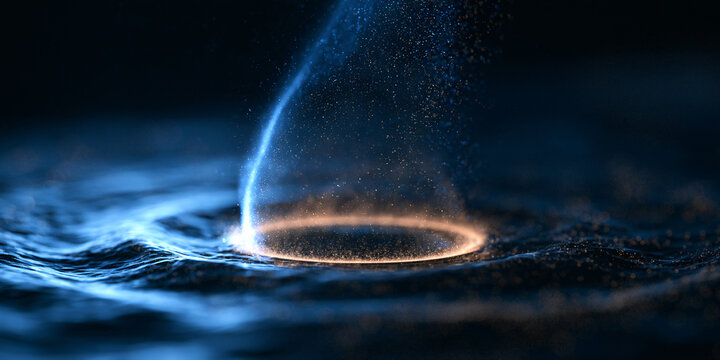 Luminous digital energy beam interacting with abstract wavy surface in a futuristic computational realm.