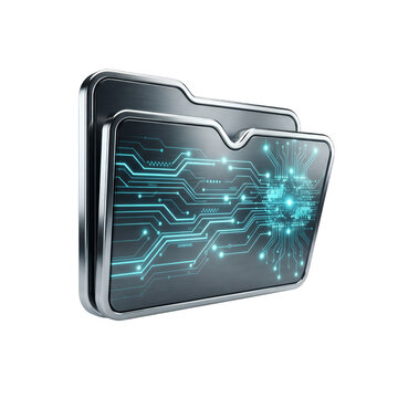 Two sleek digital folders with illuminated circuit board patterns represent organized data storage and digital information management.