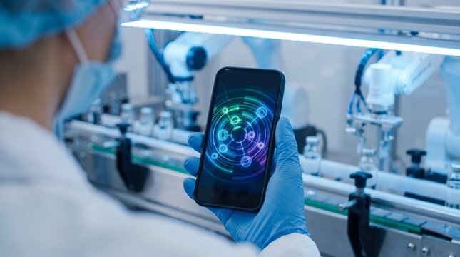 Conceptual image of a gloved hand holding a smartphone with textless health metrics