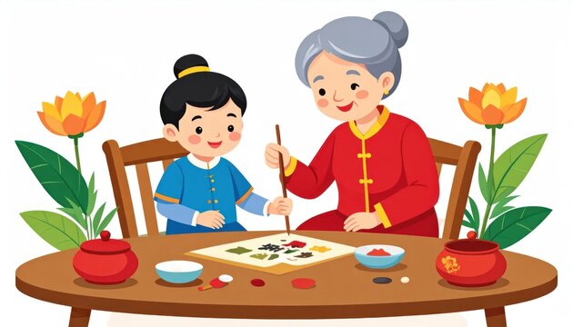 Grandmother and child painting Lunar New Year art.
