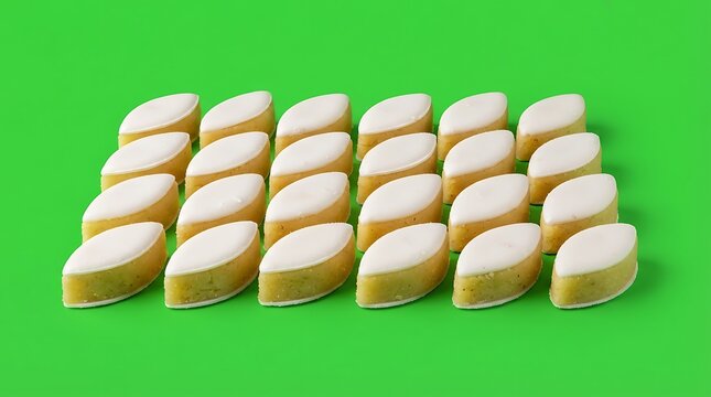 A grid of traditional french calisson almond candies on green background