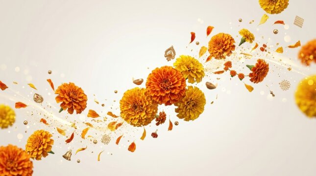Exploding vibrant orange and yellow dandelion seed heads in a dynamic and artistic burst of nature