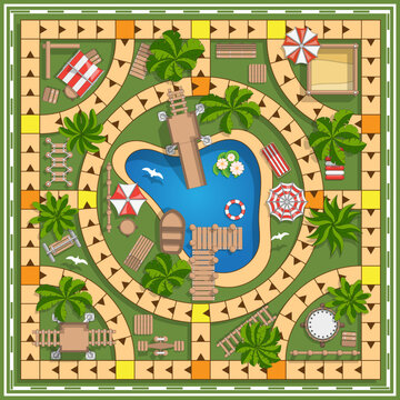 Place for rest. Lake. Infrastructure. Game board. View from above. Vector illustration.