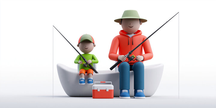 3D render of father and son fishing together with fishing rods  