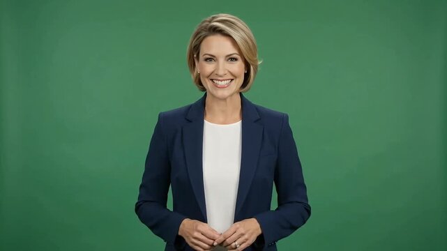 Businesswoman waving hello and presenting gesture on green screen chroma key video footage background