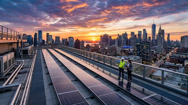 Engineers inspecting solar panel installation on a city rooftop at sunset with urban skyline background