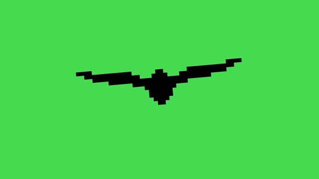 pixel art bird silhouette flying on green screen. digital retro animation. minimalist pixel bird icon silhouette animated on green screen