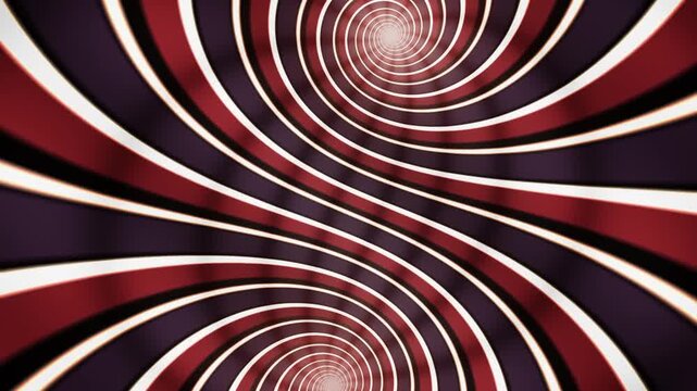 Twin Spiral Eyes Merging Into One Glowing Core and Splitting on a New Axis, Nested Arc Ribbons Seamless Loop in rich crimson tones