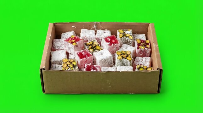 A cardboard box filled with assorted cubes of traditional turkish delight