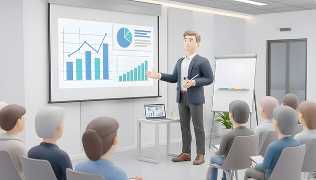 Businessman presenting financial data analysis to audience in modern office conference room