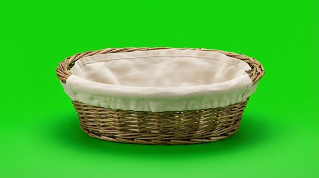 An empty woven wicker basket with a white fabric liner on a green screen