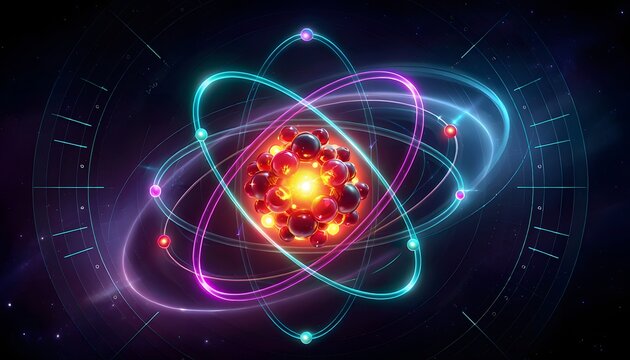 "3D Illustration of a Colorful Atomic Structure with Proton Nucleus and Glowing Electron Orbits"