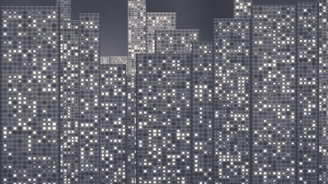 Reverse Pan Across Glowing Tower Windows At Night, Counter Panning Parallax City Layers, Seamless Loop in vibrant pastel tones
